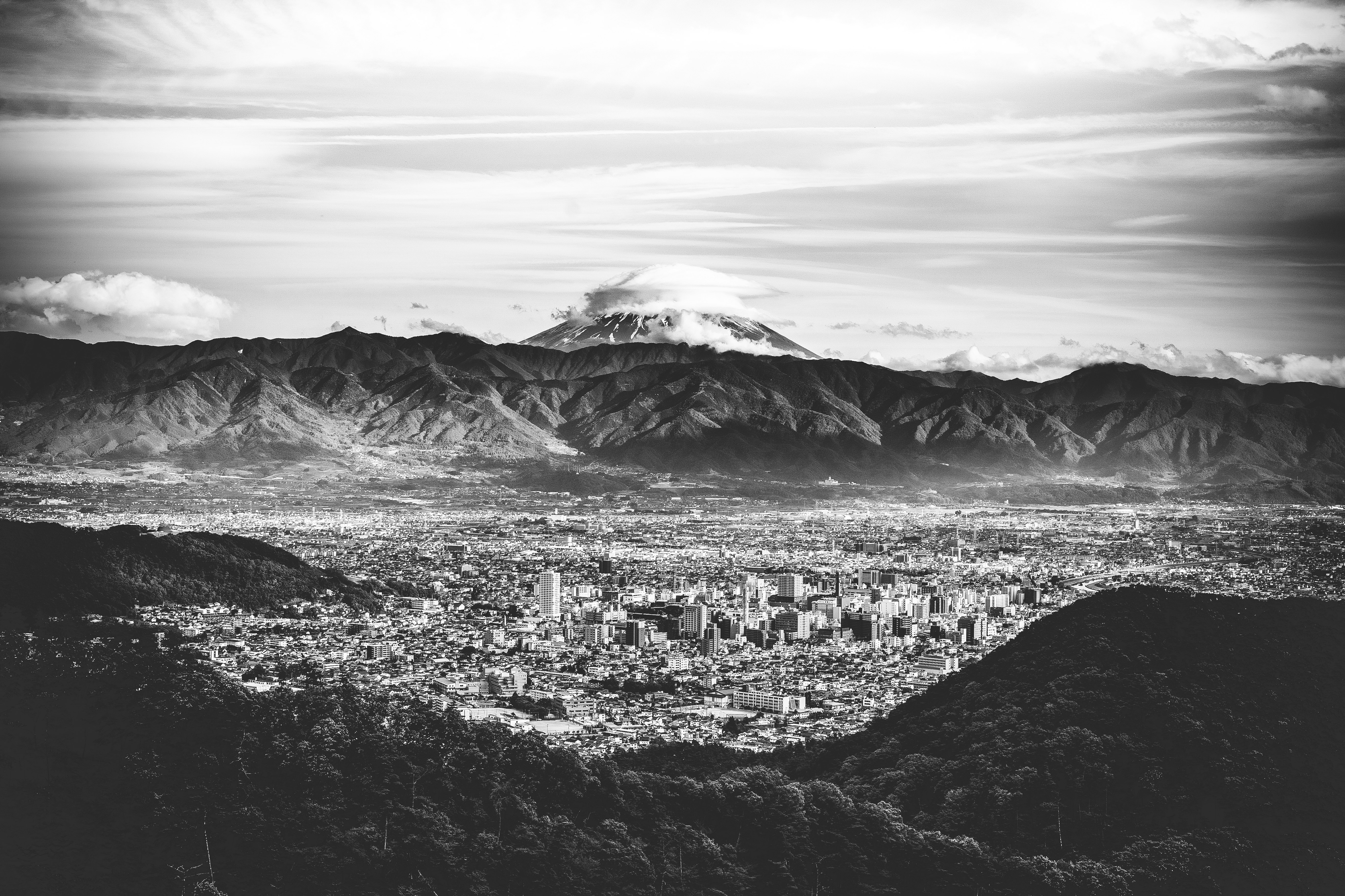 grayscale photography of mountains